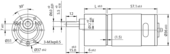 Dimensions of DC motor with spur gearbox - series SG371