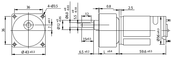 Dimensions of DC motor with spur gearbox - series SGS430