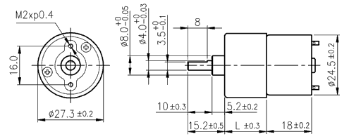 Dimensions of DC motor with spur gearbox - series SGC270