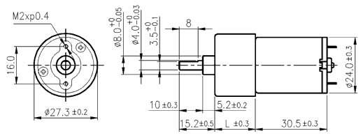 Dimensions of DC motor with spur gearbox - series SGC271