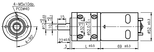 Dimensions of DC motor with planetary gearbox - series PG520