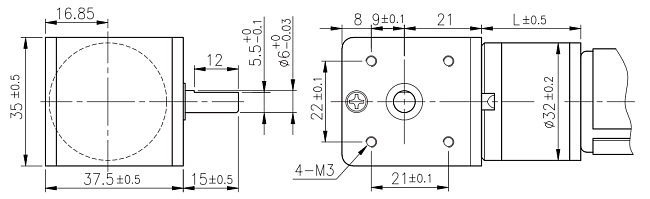 The dimensions of the bevel gearbox for series PG32x