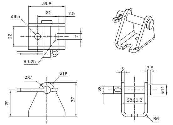Dimensions of mounting bracket for linear actuator LD3