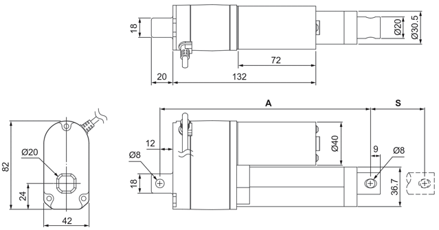 Dimensions of actuator LD3 with hall sensors