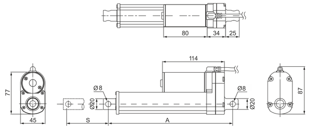 Dimensions of actuator LD20