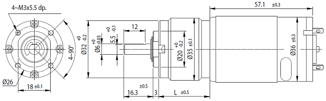 Dimensions of DC motor with planetary gearbox - series PG350