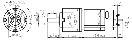 Dimensions of DC motor with planetary gearbox - series PG321