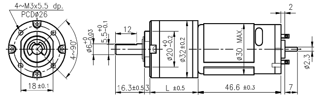 Dimensions of DC motor with planetary gearbox - series PG321 Dimensions of DC motor with planetary gearbox - series PG321
