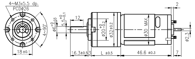 Dimensions of DC motor with planetary gearbox - series PG321