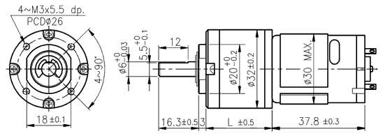 Dimensions of DC motor with planetary gearbox - series PG320