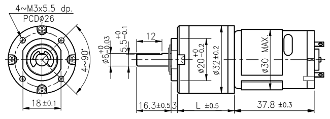 Dimensions of DC motor with planetary gearbox - series PG320 Dimensions of DC motor with planetary gearbox - series PG320