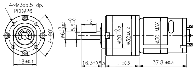 Dimensions of DC motor with planetary gearbox - series PG320