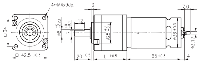 Dimensions of DC motor with planetary gearbox - series PGS430