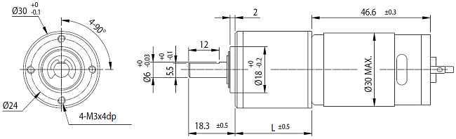 Dimensions of DC motor with planetary gearbox - series PG300