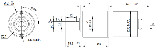 Dimensions of DC motor with planetary gearbox - series PG300 Dimensions of DC motor with planetary gearbox - series PG300