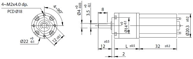 Dimensions of DC motor with planetary gearbox - series PG220