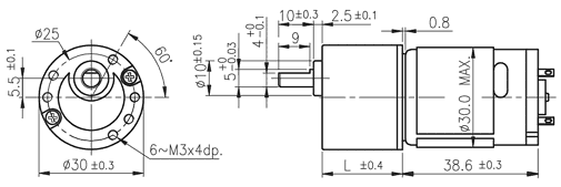 Dimensions of DC motor with spur gearbox - series SG300