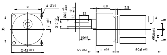 Dimensions of DC motor with spur gearbox - series SGS430 Dimensions of DC motor with spur gearbox - series SGS430