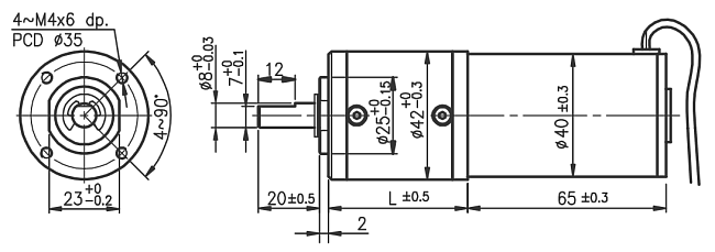 Dimensions of DC motor with planetary gearbox - series PG421