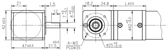 The dimensions of the bevel gearbox for series PG42x