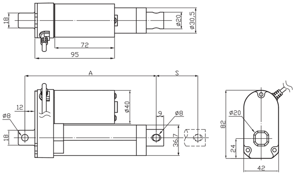 Dimensions of actuator LD3