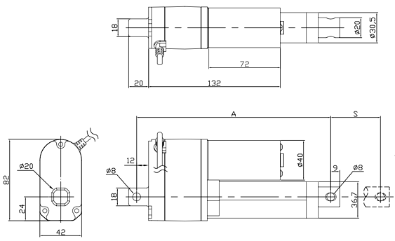 Dimensions of actuator LD3 with potentiometer