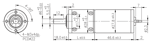 Dimensions of DC motor with planetary gearbox - series PG280 Dimensions of DC motor with planetary gearbox - series PG280