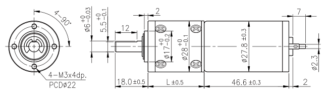 Dimensions of DC motor with planetary gearbox - series PG280